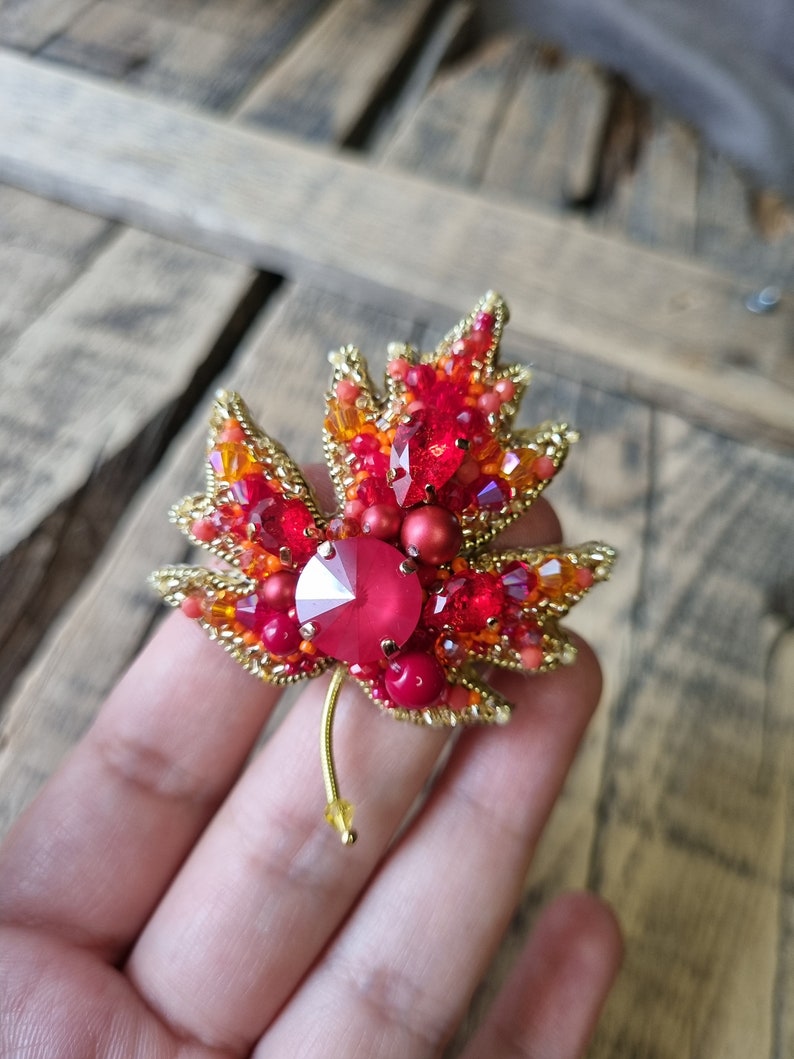 Red Leaf Brooch, Autumn Fashion, Naturel Inspired Accessory, Handmade Jewelry, Red Beaded Accessory , Gift For Mother, Gift For Valentine image 3