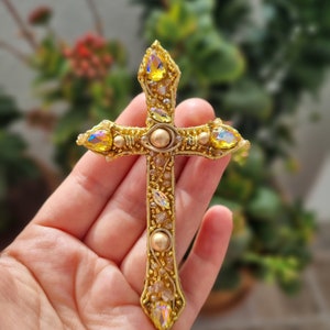 Handmade Cross Brooch, Vintage Baroque Cross, Victorian Style Pin, Catholic Accessories, Gift For Mother, Gold Cross Pin,Christian Jewelry image 3