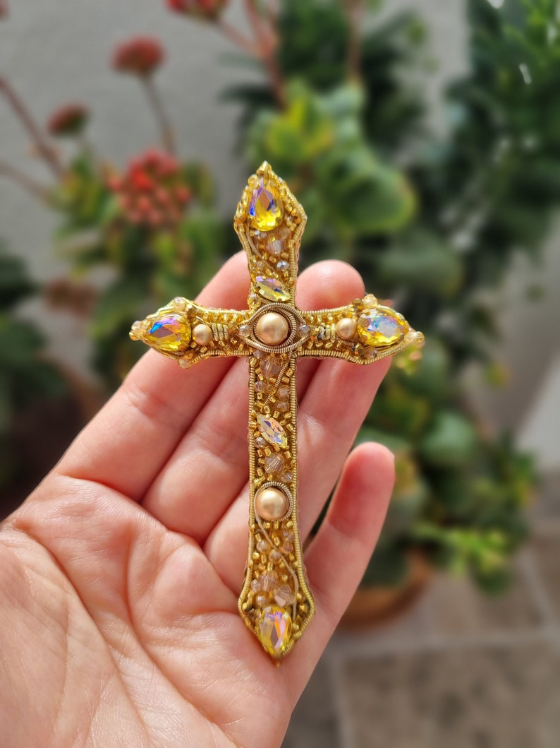 Handmade Cross Brooch, Vintage Baroque Cross, Victorian Style Pin, Catholic Accessories, Gift For Mother, Gold Cross Pin,Christian Jewelry image 3