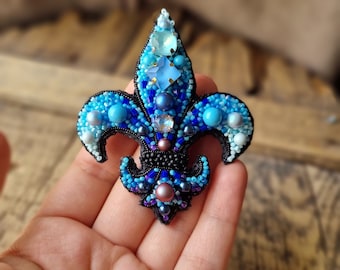 Fleur De Lis Brooch,  Vintage Brooch,  Beaded Pin, Blue Jewelry, Gift For Women, Royal Lily  Jewel