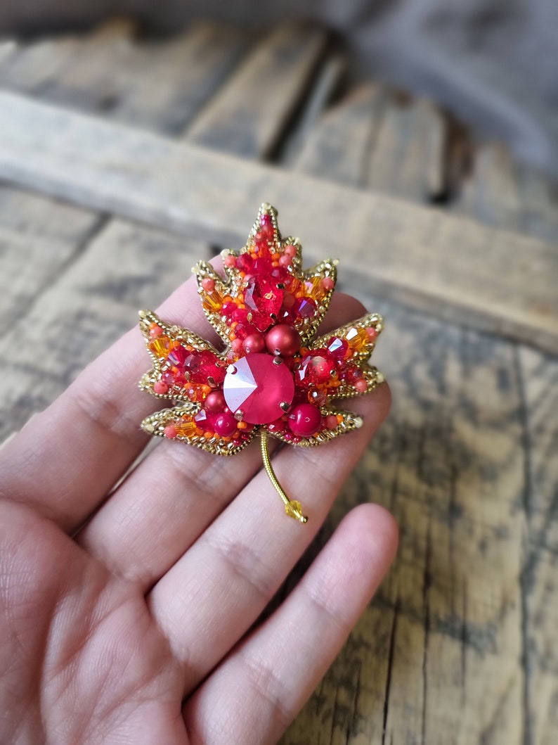 Red Leaf Brooch, Autumn Fashion, Naturel Inspired Accessory, Handmade Jewelry, Red Beaded Accessory , Gift For Mother, Gift For Valentine image 9