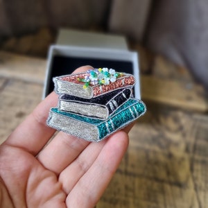 Embroidered Book Brooch, Sparkling Book Pin, Unique Gift for Mother, Elegance Jewelry, Gift For Book Lover, Embroidery Accessory image 2