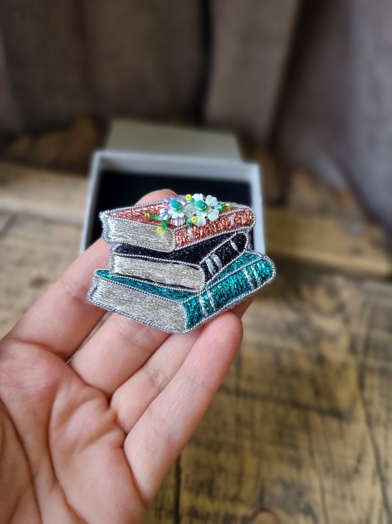 Embroidered Book Brooch, Sparkling Book Pin, Unique Gift for Mother, Elegance Jewelry, Gift For Book Lover, Embroidery Accessory image 2