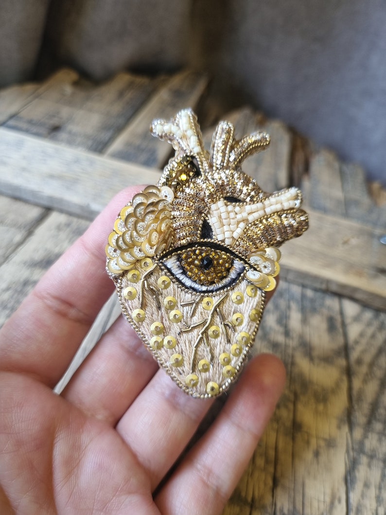 Gothic Handmade,Anatomical Heart Brooch with Beads,The Jewelry Lover, Gift For Her, Central Eye, Unique Statement Jewelry, Gift For Mother image 8