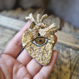 Gothic Handmade,Anatomical Heart Brooch with Beads,The Jewelry Lover, Gift For Her, Central Eye, Unique Statement Jewelry, Gift For Mother image 1