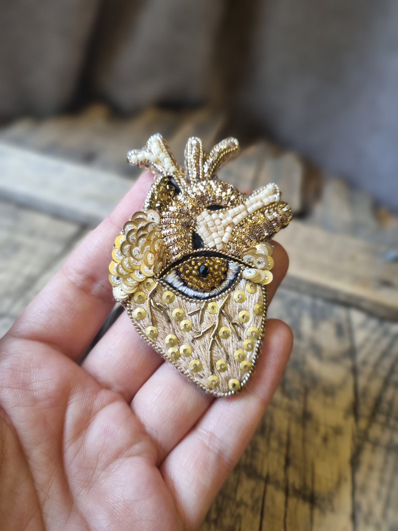 Gothic Handmade,Anatomical Heart Brooch with Beads,The Jewelry Lover, Gift For Her, Central Eye, Unique Statement Jewelry, Gift For Mother image 1