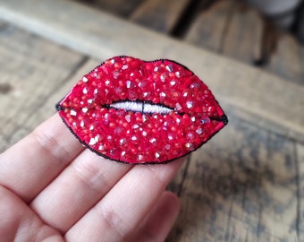 Beaded Lip Brooch, Unique Red Pin, Romantic Valentine's Day Gift, Statement Jewelry, One of a Kind Pin, Trendy Fashion Accessory