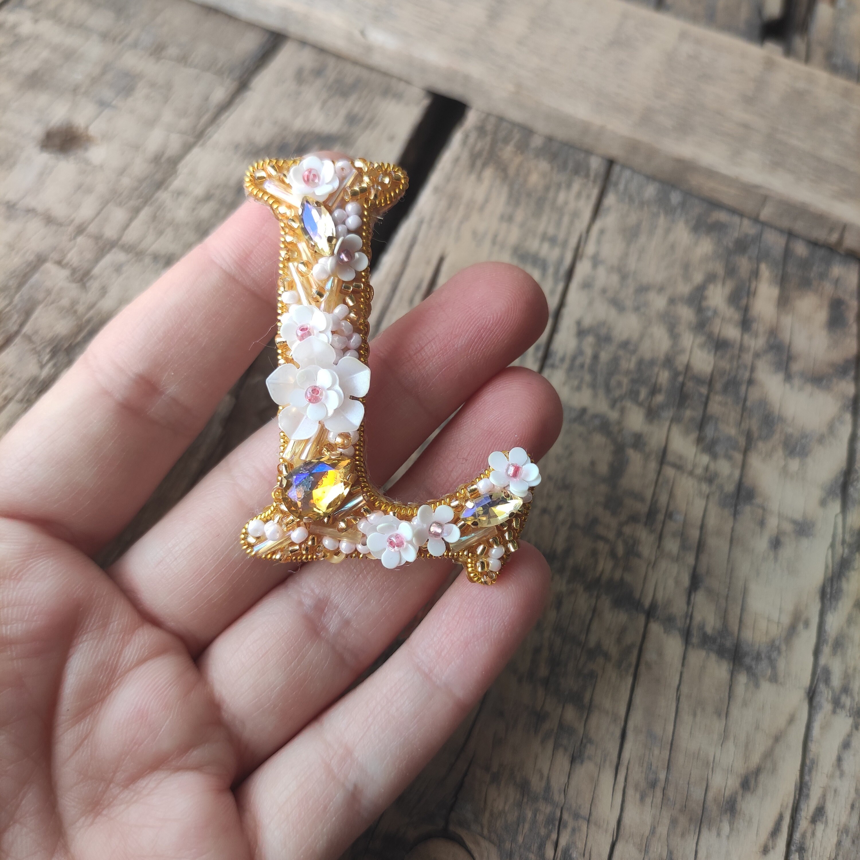 Gold Monogram Brooch, Delicate Pink Floral Touch, Handmade Alphabet Pin ...