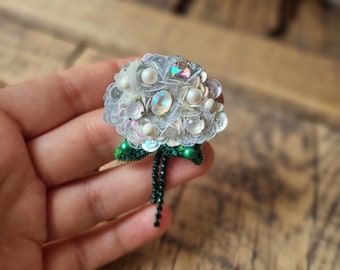 Hydrangea Beaded Brooch, Wedding Accessory, Flower Embroidered Brooch , Beaded Floral Pin, Beading White Flower, Mother's Day Gift