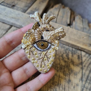 Gothic Handmade,Anatomical Heart Brooch with Beads,The Jewelry Lover, Gift For Her, Central Eye, Unique Statement Jewelry, Gift For Mother image 4