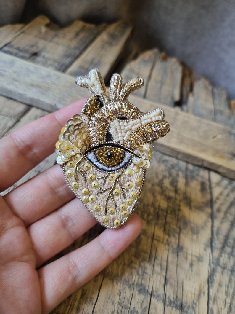 Gothic Handmade,Anatomical Heart Brooch with Beads,The Jewelry Lover, Gift For Her, Central Eye, Unique Statement Jewelry, Gift For Mother image 4