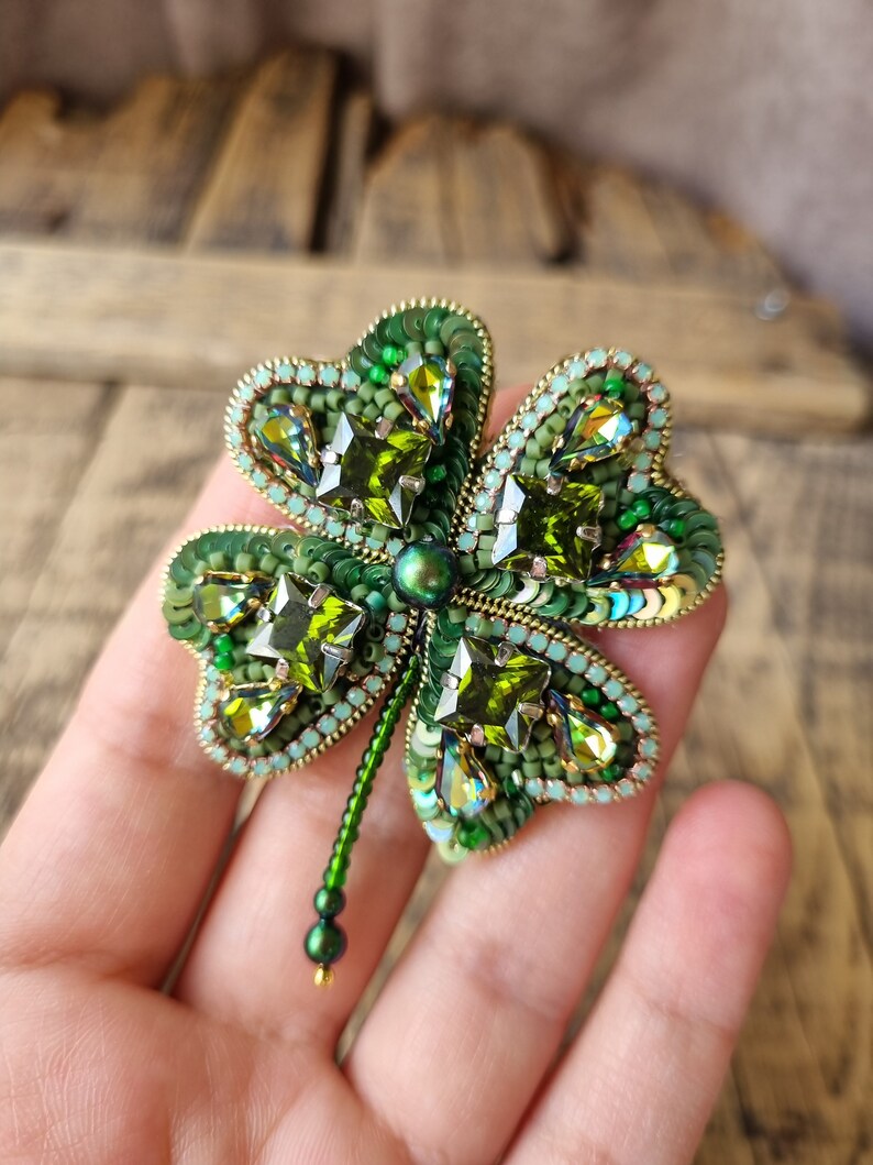 Handcrafted Clover Brooch, Unique Accessory, Gift For Mom, The Jewelry Lover, Gift For Nature Lover, Four Leaf Clover, Mother's Day Gift image 2