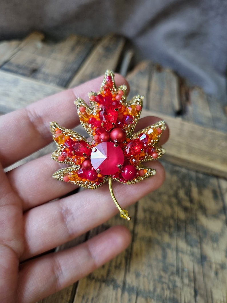 Red Leaf Brooch, Autumn Fashion, Naturel Inspired Accessory, Handmade Jewelry, Red Beaded Accessory , Gift For Mother, Gift For Valentine image 10