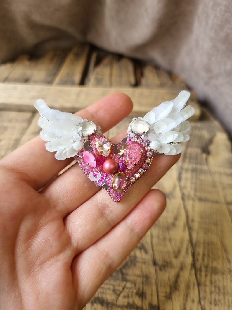 Angel Wing Brooch, Pink Heart Pin, Love symbol, Elegant accessory,The Jewelry Lover Ethereal Beauty, Mother's Day Gift, Gift For Girlfriend image 2