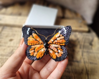 Embroidered Butterfly Brooch, Orange Butterfly Pin, Mother's Day Gift, Beaded Bug Patch,The Jewelry Lover, Gift For Her, Insect Lovers Gift