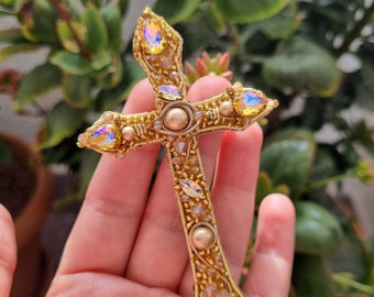 Handmade Cross Brooch, Vintage Baroque Cross, Victorian Style Pin, Catholic Accessories, Gift For Mother, Gold Cross Pin,Christian Jewelry