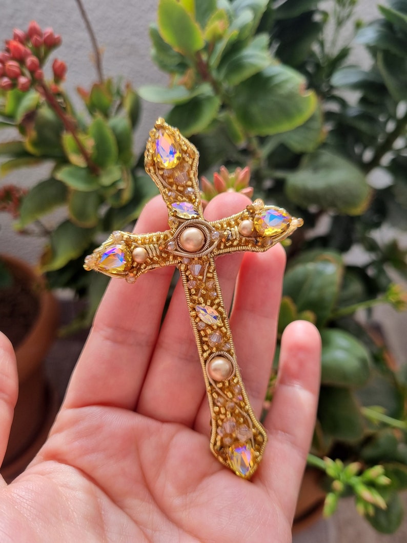 Handmade Cross Brooch, Vintage Baroque Cross, Victorian Style Pin, Catholic Accessories, Gift For Mother, Gold Cross Pin,Christian Jewelry image 1