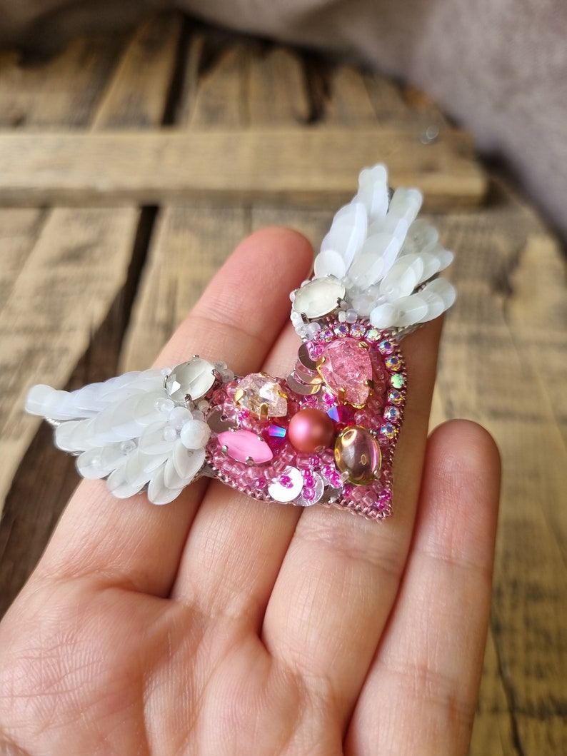Angel Wing Brooch, Pink Heart Pin, Love symbol, Elegant accessory,The Jewelry Lover Ethereal Beauty, Mother's Day Gift, Gift For Girlfriend image 3