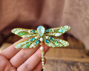 Green Dragonfly Brooch -Beaded Insect Pin, Nature Inspired Jewelry, Gift for Her