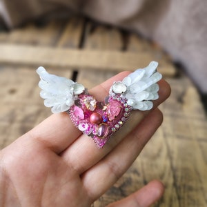 Angel Wing Brooch, Pink Heart Pin, Love symbol, Elegant accessory,The Jewelry Lover Ethereal Beauty, Mother's Day Gift, Gift For Girlfriend image 1