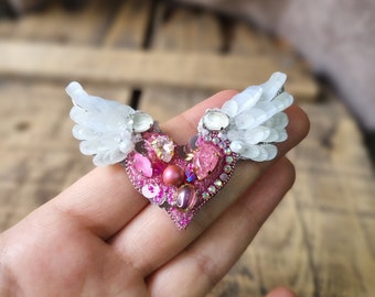 Angel Wing Brooch, Pink Heart Pin, Love symbol, Elegant accessory,The Jewelry Lover Ethereal Beauty, Mother's Day Gift, Gift For Girlfriend
