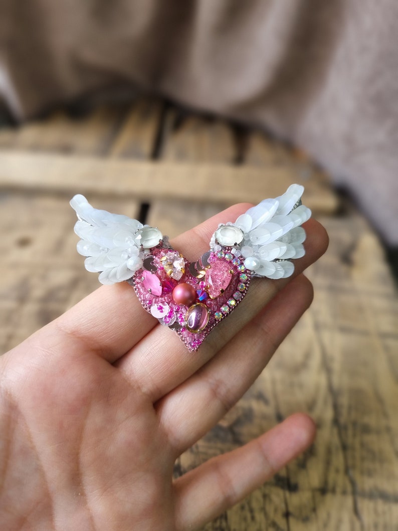 Angel Wing Brooch, Pink Heart Pin, Love symbol, Elegant accessory,The Jewelry Lover Ethereal Beauty, Mother's Day Gift, Gift For Girlfriend image 1