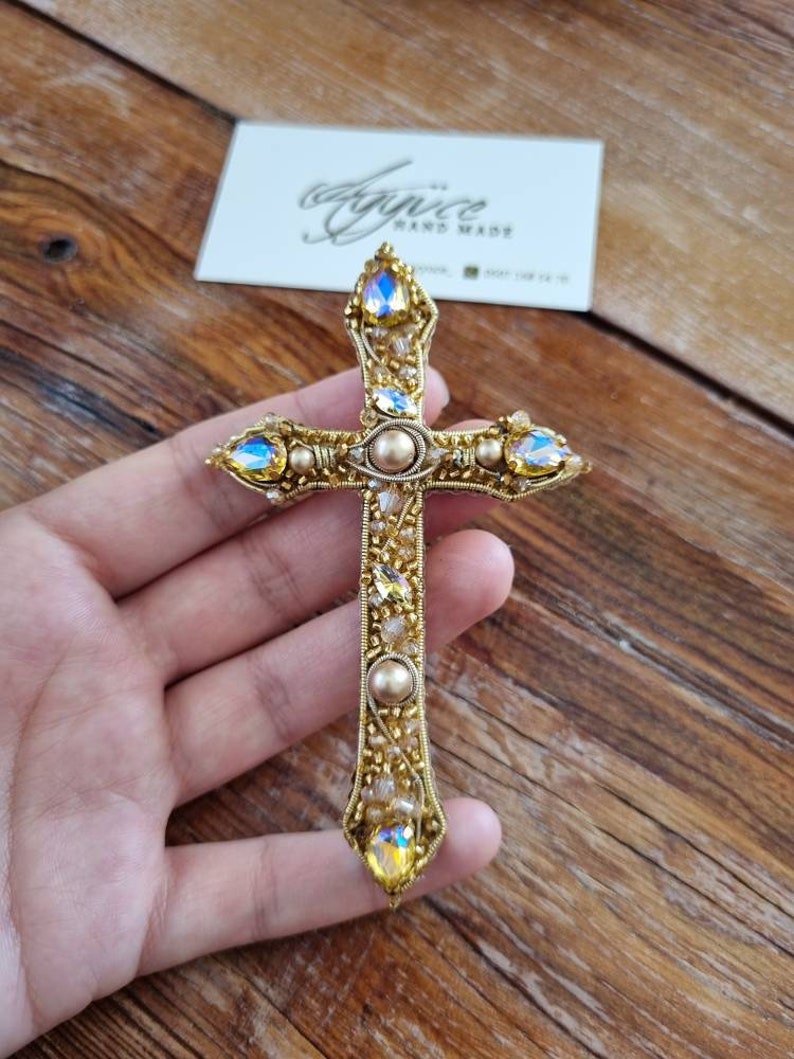 Handmade Cross Brooch, Vintage Baroque Cross, Victorian Style Pin, Catholic Accessories, Gift For Mother, Gold Cross Pin,Christian Jewelry image 8