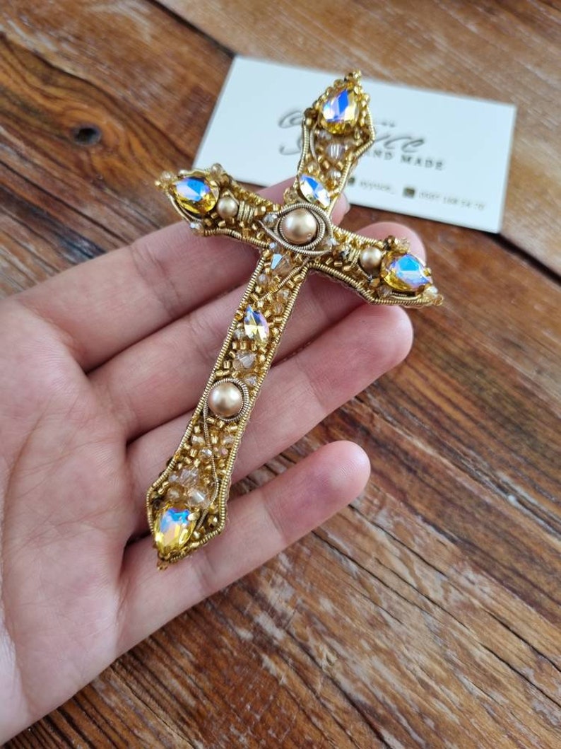 Handmade Cross Brooch, Vintage Baroque Cross, Victorian Style Pin, Catholic Accessories, Gift For Mother, Gold Cross Pin,Christian Jewelry image 9