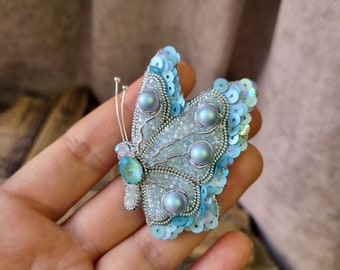 Handmade butterfly brooch, embroidered butterfly, embroidery brooch, aplique, jewelry design, beadedwork, beadedjewelry, crystal butterfly,