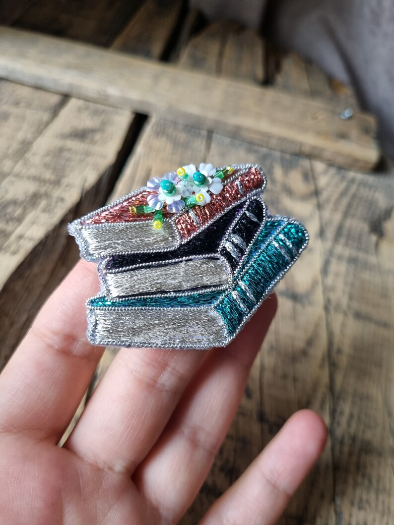 Embroidered Book Brooch, Sparkling Book Pin, Unique Gift for Mother, Elegance Jewelry, Gift For Book Lover, Embroidery Accessory image 8