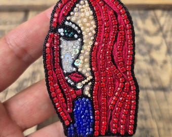 Beaded Brooch: Red Hair Girl Portrait - Handmade Face Art Jewelry
