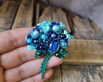 Blue Hydrangea Brooch , Beaded Floral Pin, Embroidered Flower, Crystal Flower Pin, Wedding Accessory, Gift For Mother