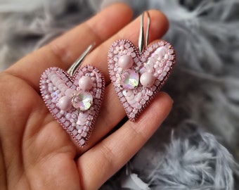 Handcrafted Pastel Pink Heart Earrings , Unique Beaded Jewelry, Beaded Heart Earrings, Gift for Mother's Day, Artisan Earrings,