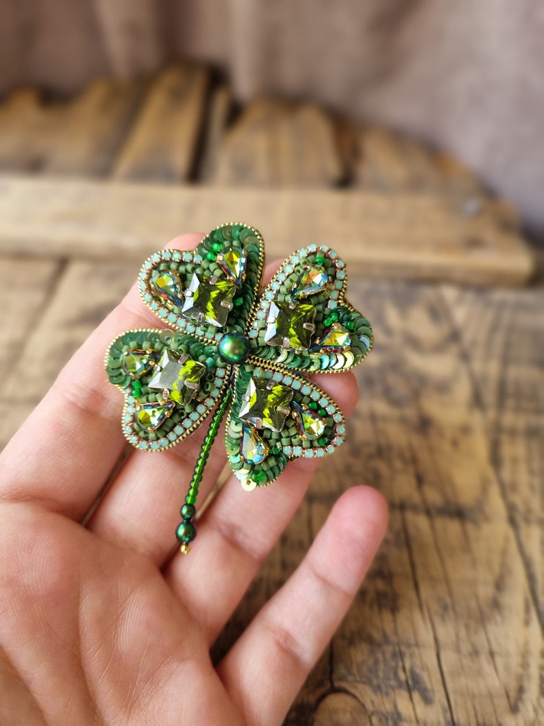 Handcrafted Clover Brooch, Unique Accessory, Gift For Mom, The Jewelry Lover, Gift For Nature Lover, Four Leaf Clover, Mother's Day Gift image 10