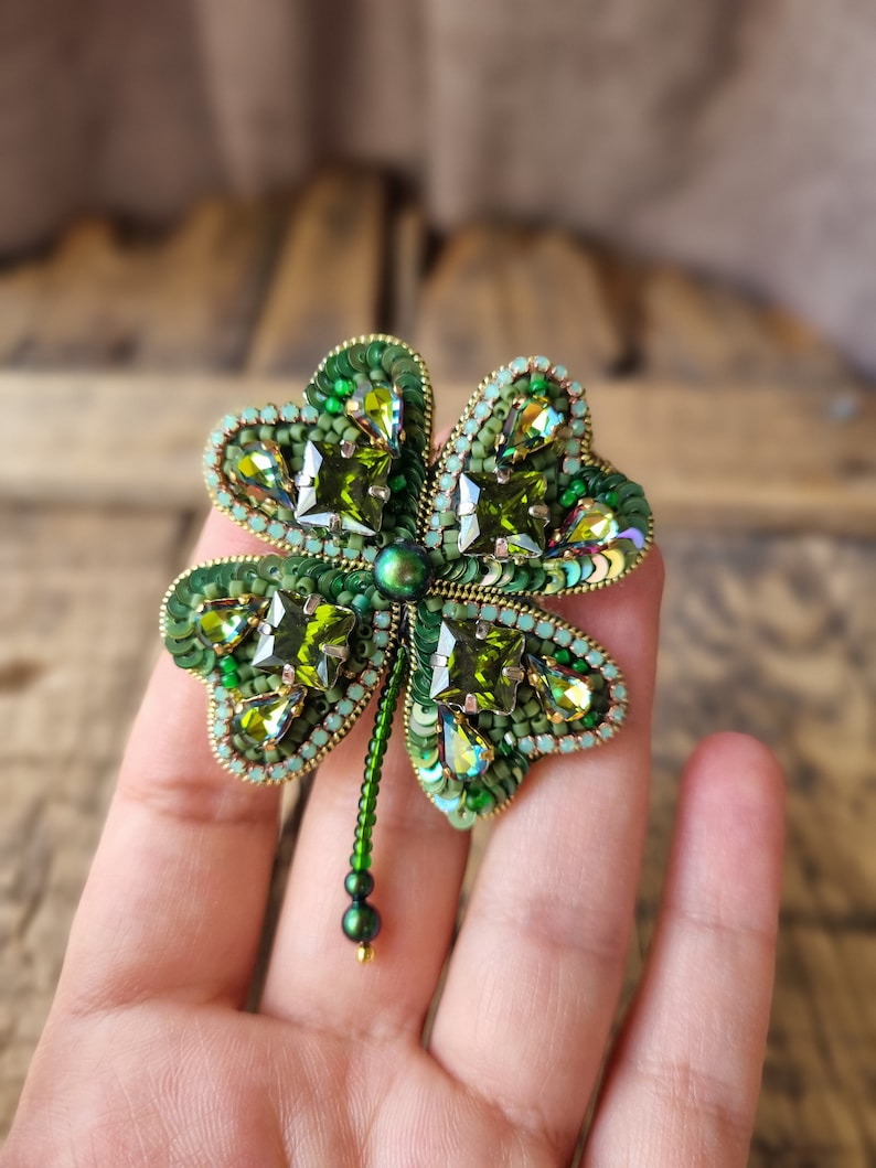Handcrafted Clover Brooch, Unique Accessory, Gift For Mom, The Jewelry Lover, Gift For Nature Lover, Four Leaf Clover, Mother's Day Gift image 1