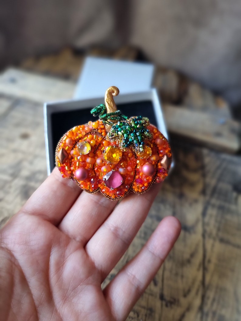 Handmade pumpkin brooch,Design pumpkin jewelry, Nature-inspired Accessory, Beaded Patch, Unique gift for her,Mother's Day Gift image 7