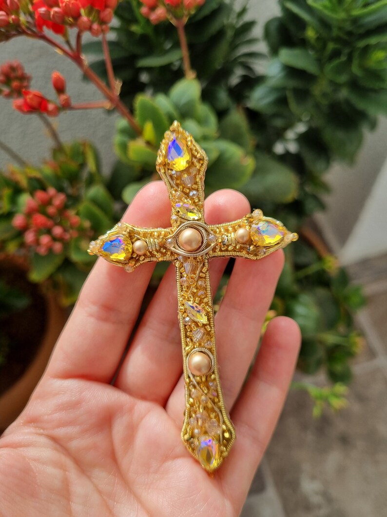 Handmade Cross Brooch, Vintage Baroque Cross, Victorian Style Pin, Catholic Accessories, Gift For Mother, Gold Cross Pin,Christian Jewelry image 5