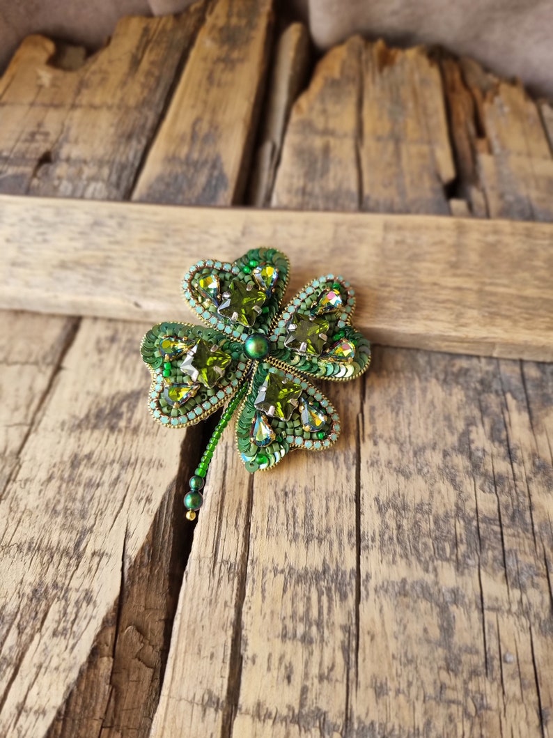 Handcrafted Clover Brooch, Unique Accessory, Gift For Mom, The Jewelry Lover, Gift For Nature Lover, Four Leaf Clover, Mother's Day Gift image 4