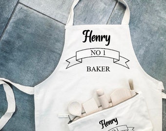 kids apron No 1 baker childs personalised Apron set bag utensils baking educational party present cooking wooden scandi star baker