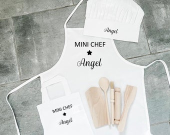 Kids Mini chef hat and apron,  Apron set,  bag and utensils,  kid's chef,  mini chef, chef,  party present, cooking, wooden, gift chef apron