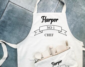 No 1 chef Kids personalised Apron set, bag utensils, baking, educational, party, present, cooking, woode,n scandi, Chirstmas, star baker