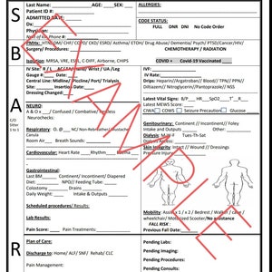 May include: A nursing handoff report form with sections for patient information, allergies, code status, vital signs, and more. The form includes a checklist for COVID-19 vaccination status.