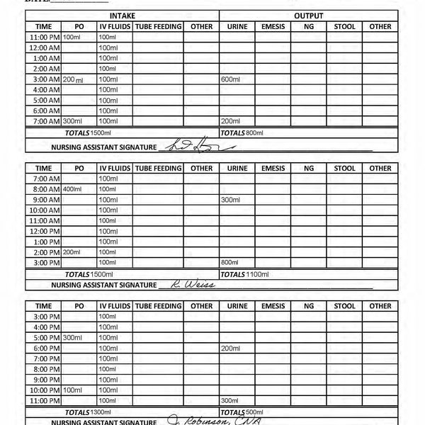 Intake and Output Form