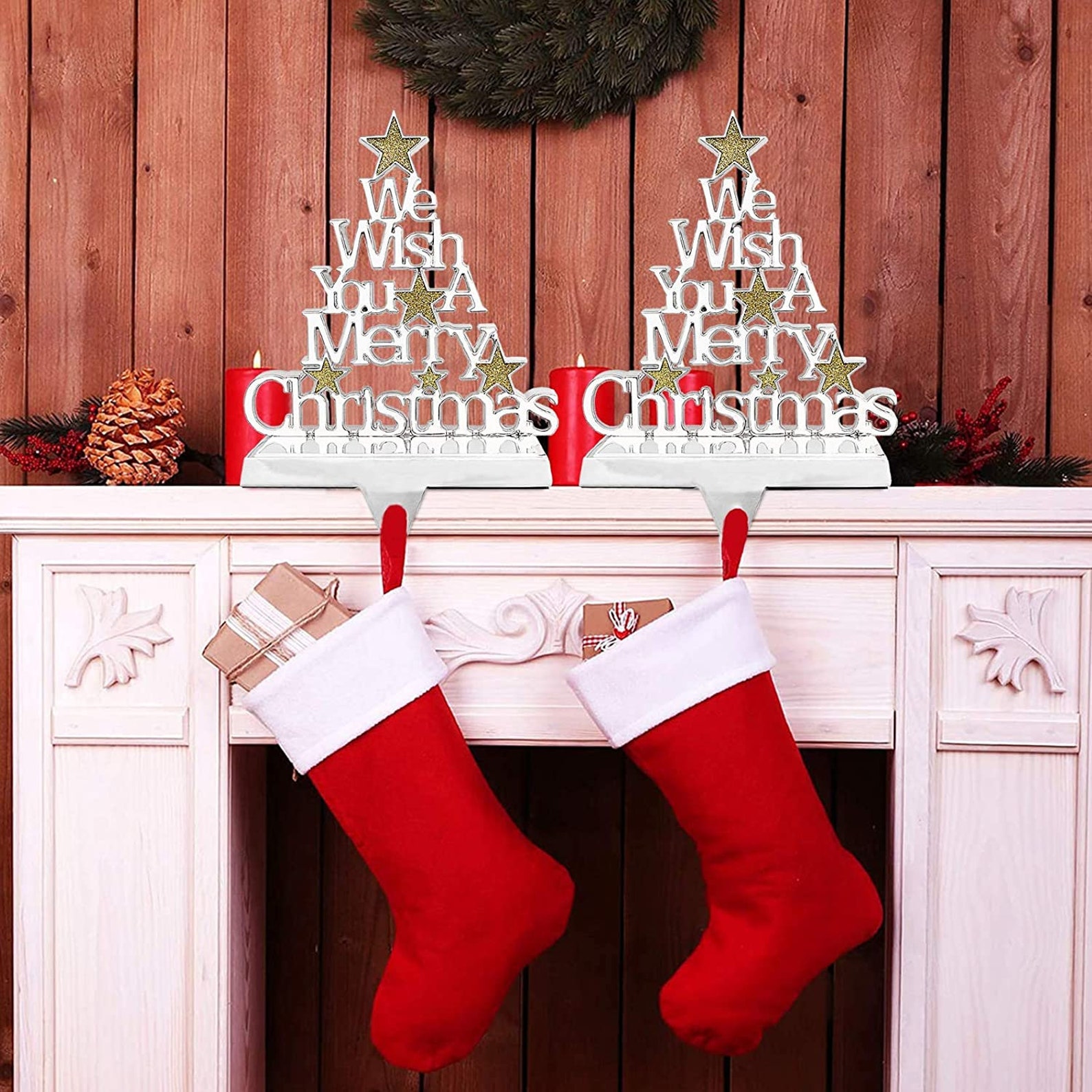 We Wish You Merry Christmas Stocking Holders for Mantel Etsy