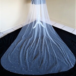 Chapel Wedding Veil with Pearls | White Soft Tulle Chapel Bridal Veil