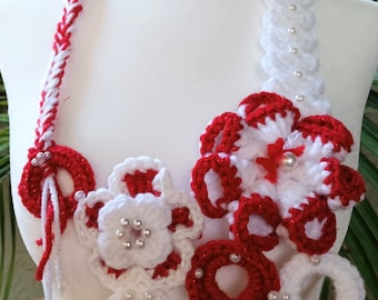 Crochet Flower Scarf Necklace: Red & White Acrylic Yarn, Pearl Accents