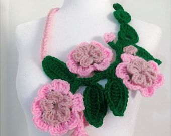 Crochet Flower Necklace: Vintage Pink Rose Scarf, Knitted Pendant