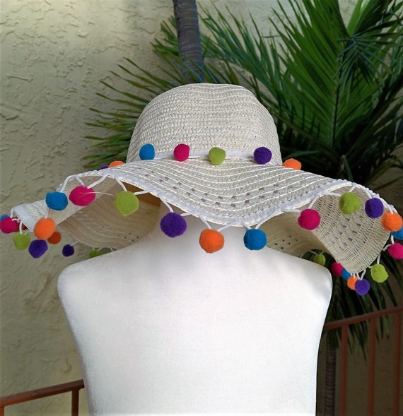 Wide Brim Beach Hat With Rainbow Pom 