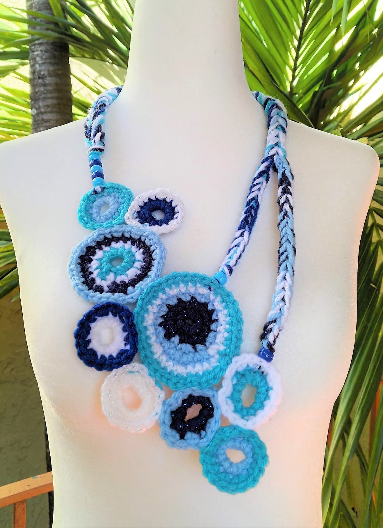 Crochet Flower Scarf Necklace: Blue & White Knitted Pendant