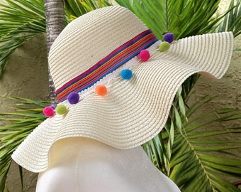 Wide Brim Beach Hat | Summer Rainbow Pom Poms Stripe Hat for Ladies and Women